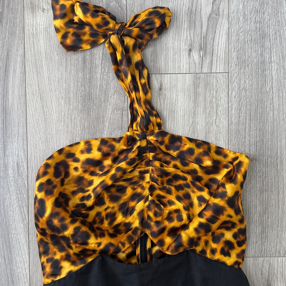 SANDRO Paris Ruched Halter Linen Blend Mini Dress with Leopard Animal Print - Picture 7 of 10